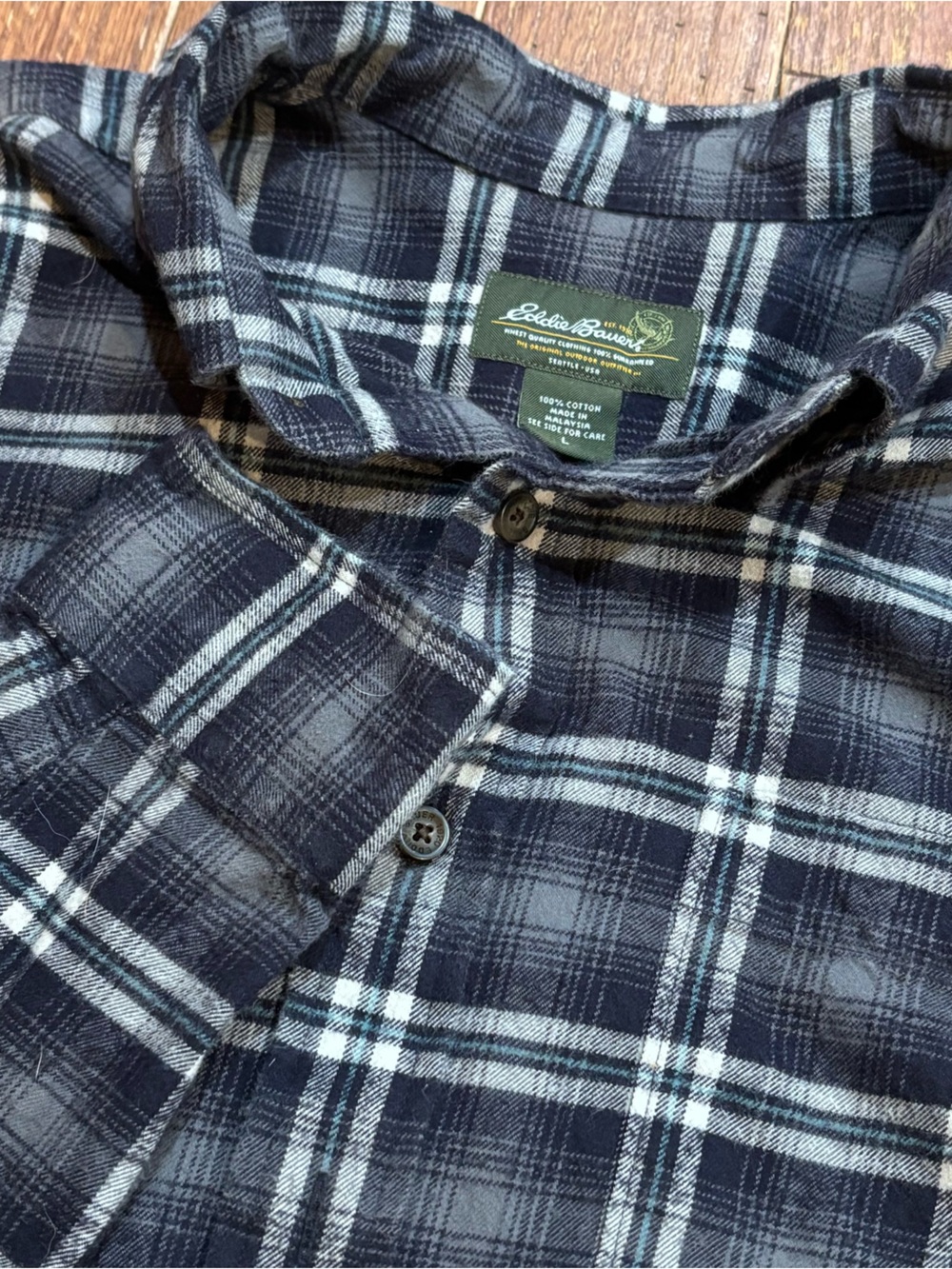 Eddie Bauer Men's Dark Navy & Gray Plaid Button-Down Shirt